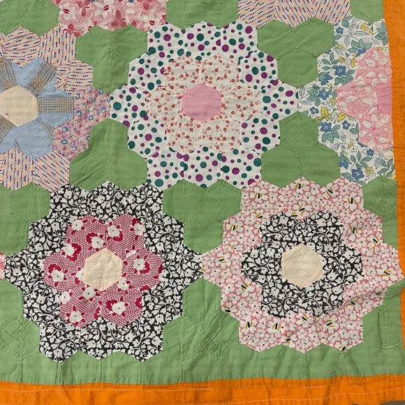 Vintage Flower Garden Quilt 77x59 Green Background Orange Border Victor - Picture 8 of 11